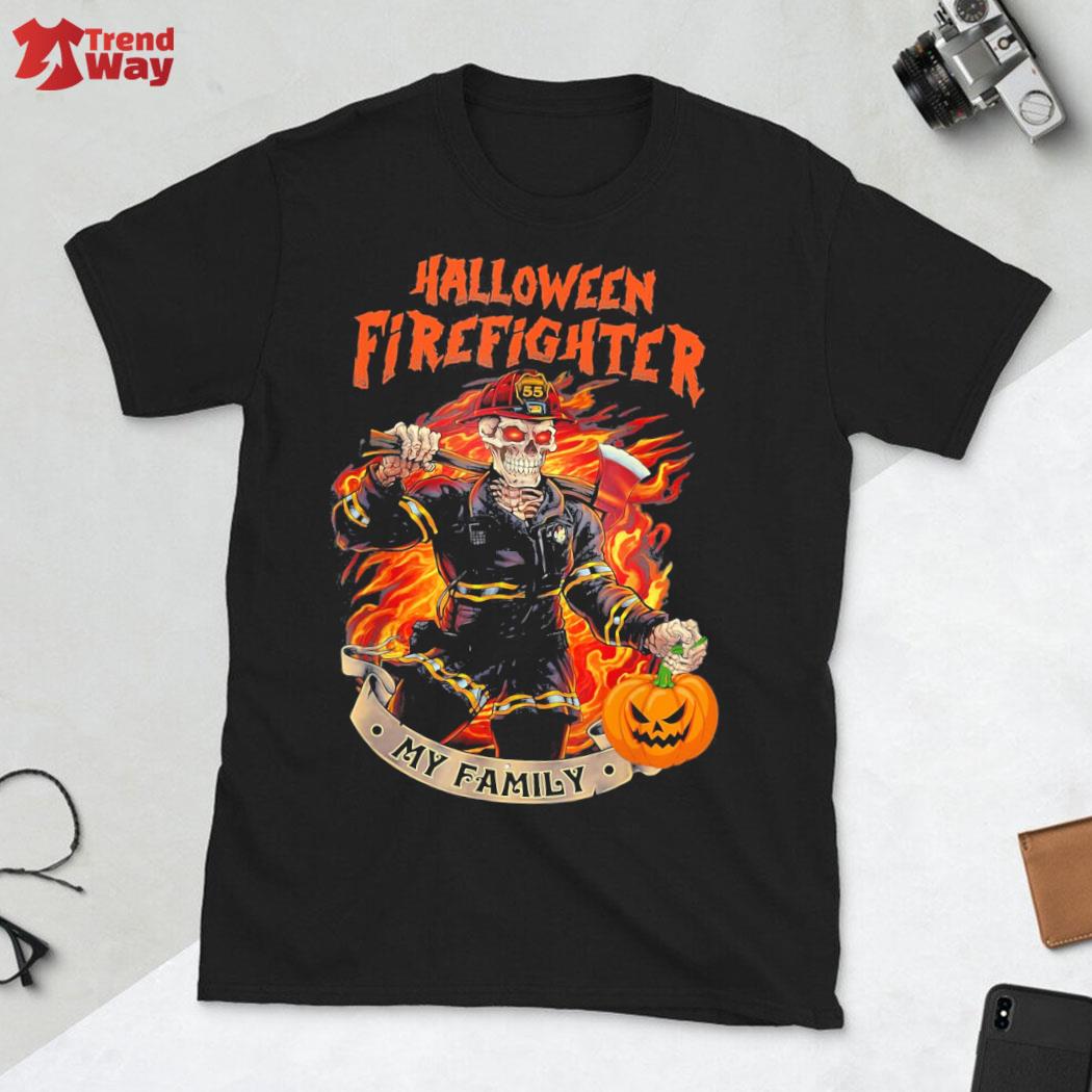 Original halloween skeleton firefighter my family pumkin t-shirt