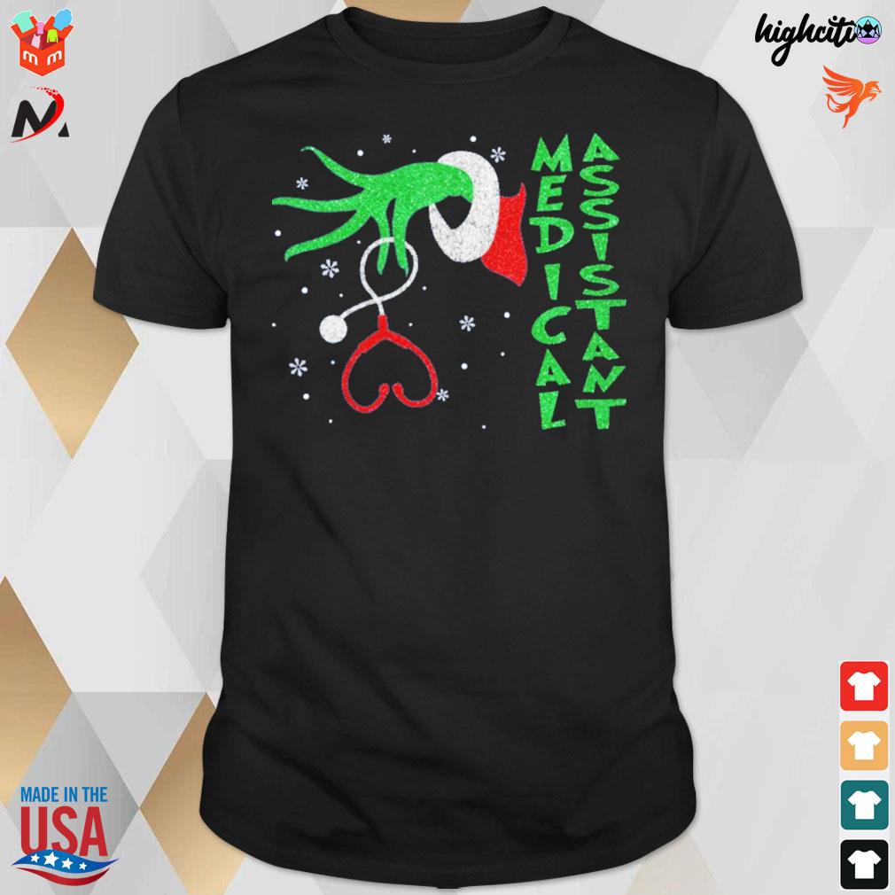 Medical assistant Grinch hand and stethoscope t-shirt