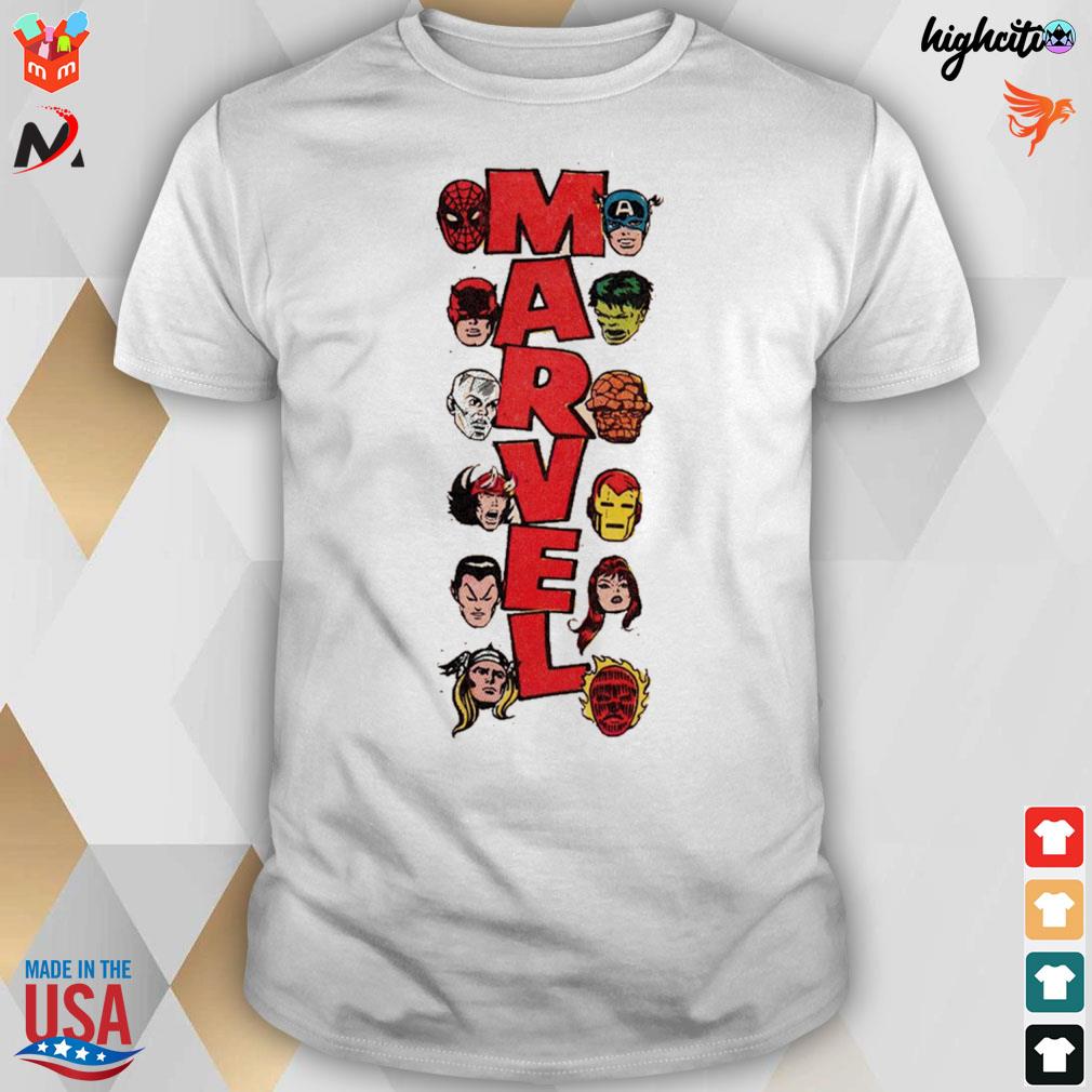 Red typography Marvel logo and comic characters t-shirt