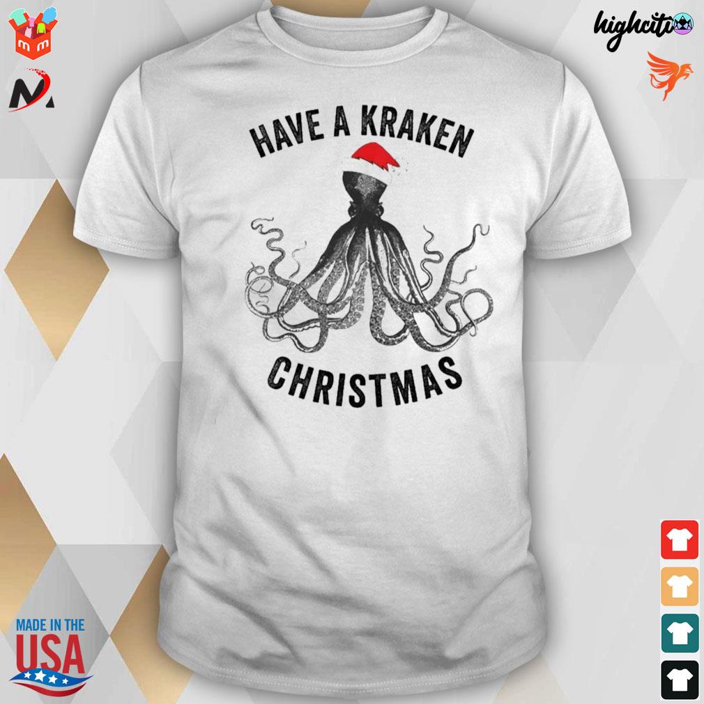 Have a kraken Christmas funny octopus in xmas santa hat ice hockey t-shirt